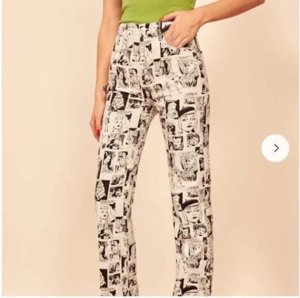 Reformation Women 30 Newsprint Comic Jeans Black White Novelty Button Fly Pant
